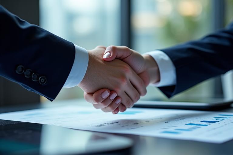 Rappresentazione di una stretta di mano tra professionisti in un contesto bancario, a simboleggiare fiducia e accordi strategici.