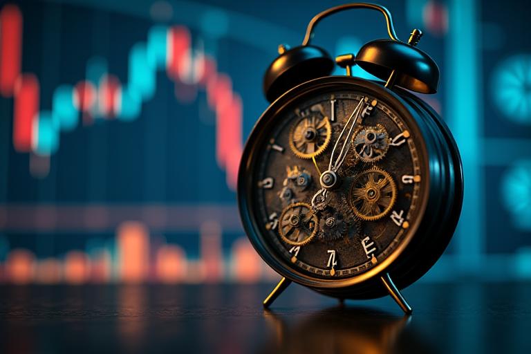 Icona di un orologio con ingranaggi in primo piano, simbolo di rapidità e meccanismi complessi, con sfondo sfocato di grafici finanziari in movimento.