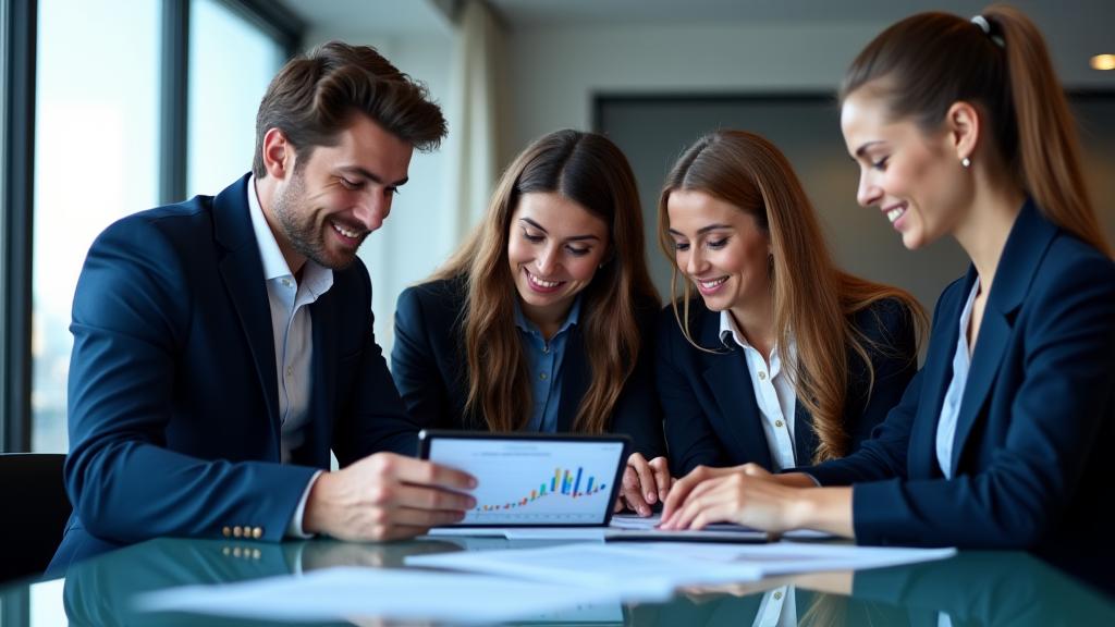 Un team di specialisti finanziari che collabora attorno a un tavolo, esaminando grafici e documenti, simbolo di soluzioni complete e analisi approfondite.