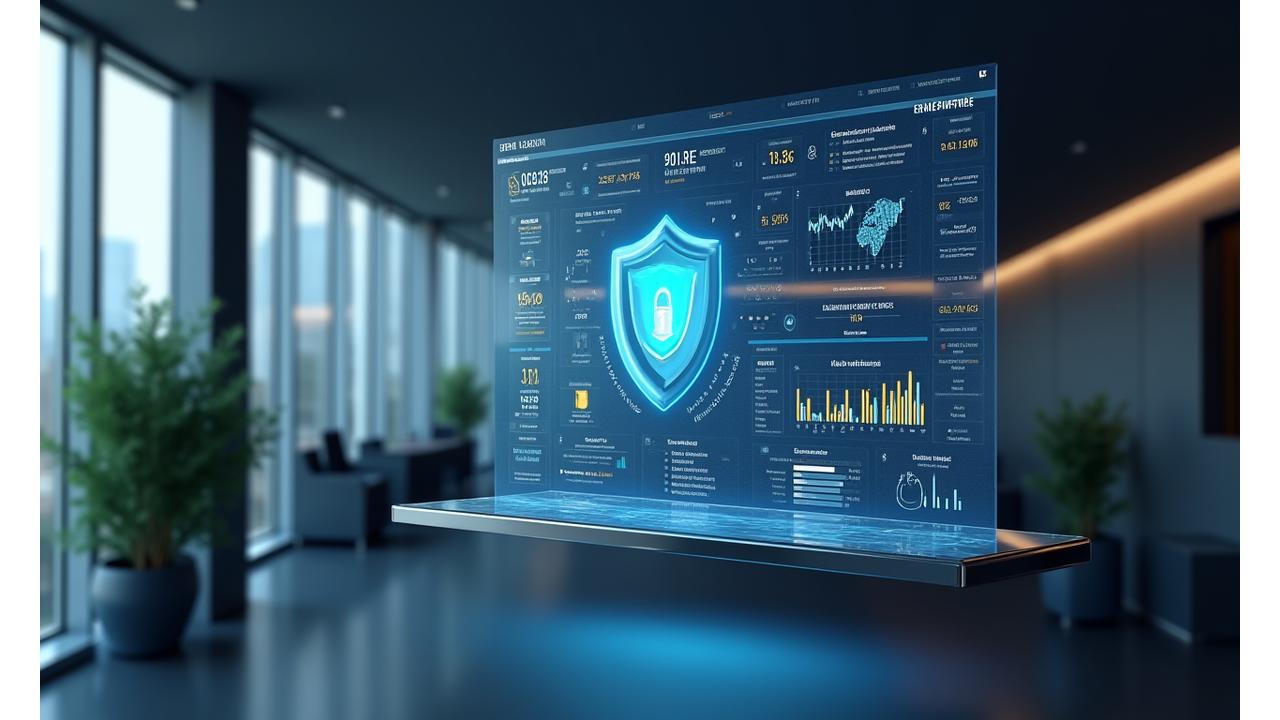 Dashboard interattiva di gestione del rischio con icone di sicurezza e checklist di conformità