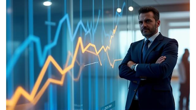 Un uomo d'affari che osserva un grafico finanziario che mostra una tendenza da calo a ripresa, simboleggiando la turnaround e la ristrutturazione del debito di una PMI.