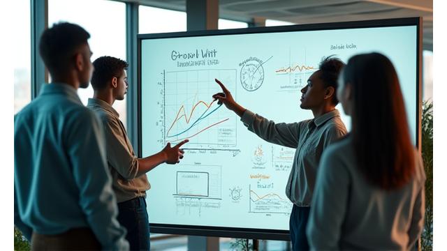 Un designer che lavora in un ufficio moderno e luminoso, circondato da monitor con diagrammi di crescita e idee innovative per una startup tech.