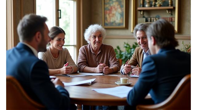 Una famiglia serena che interagisce con un consulente finanziario sorridente in un ambiente di lusso, sullo sfondo una villa storica italiana per il wealth management.