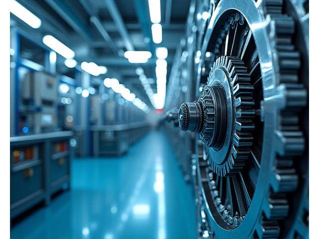 Un ingranaggio lucido che riflette grafici finanziari in un ambiente industriale moderno, simbolo di ottimizzazione e crescita nel settore manifatturiero.