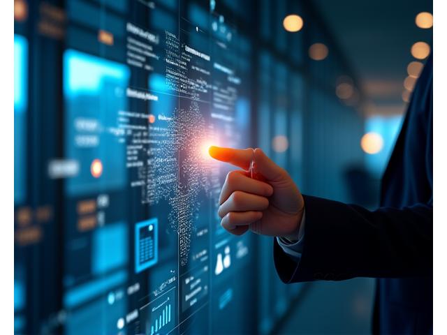 Una mano che tocca uno schermo olografico con dati finanziari futuristici, che rappresenta innovazione e strategie di crescita per le aziende tecnologiche.