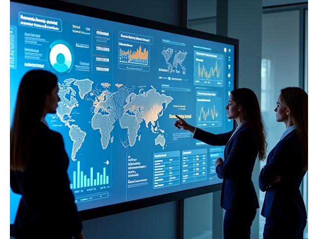 Un team di professionisti che collabora attorno a un grande schermo che mostra dati di mercato e grafici di acquisizione.