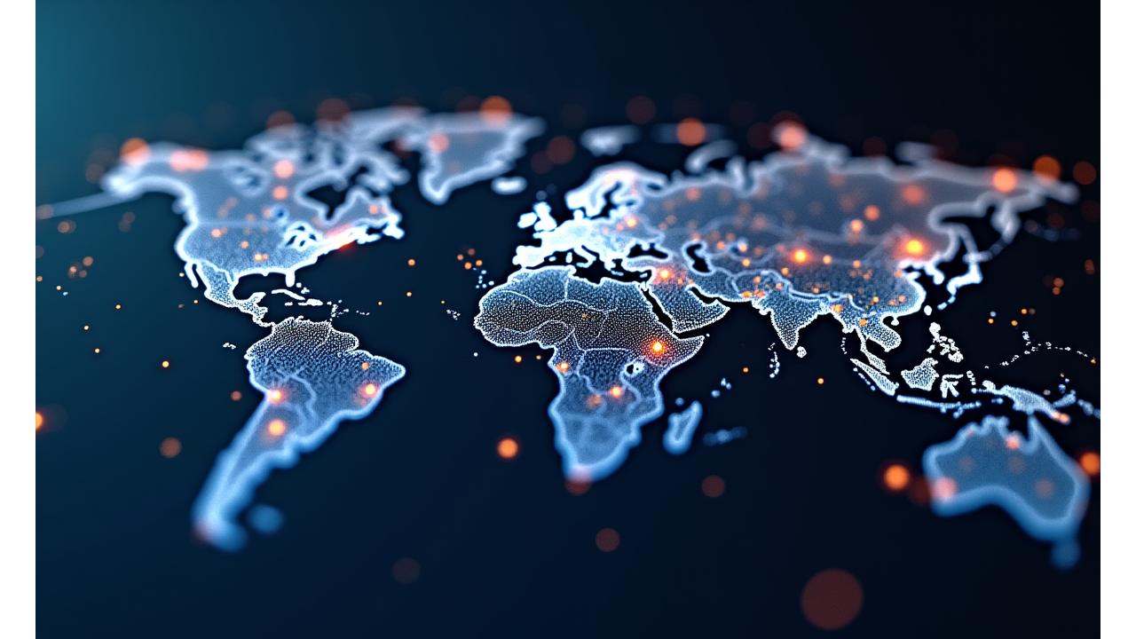 Una mappa del mondo stilizzata con punti luminosi che indicano una fitta rete di connessioni globali, simboleggiando il network di acquirenti strategici di Finassistent.