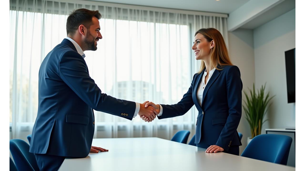 Un consulente finanziario che stringe la mano a un cliente in un ufficio moderno e lussuoso, simboleggiando l'inizio di una collaborazione di successo.