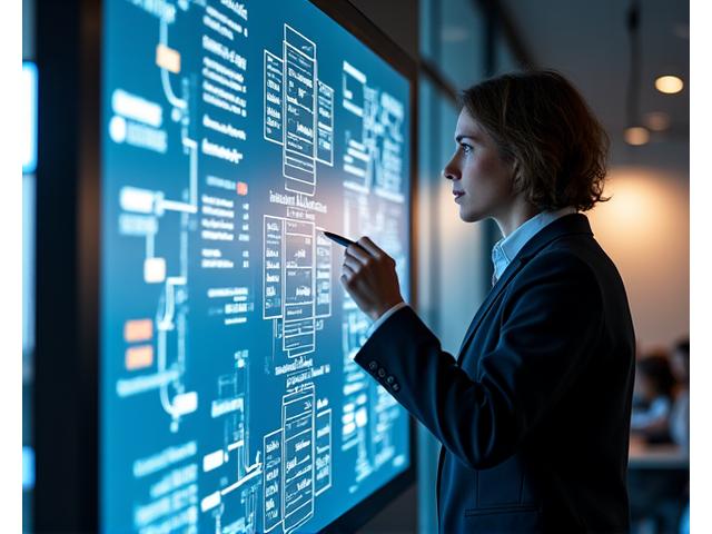 Architetto finanziario che disegna schemi complessi di transazioni su una lavagna digitale.