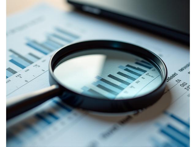 Lente d'ingrandimento su grafici finanziari e documenti, simbolo di analisi dettagliata e scrutinio.