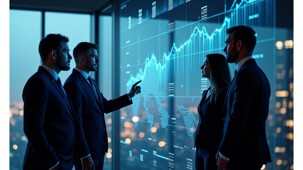 Professionisti finanziari che analizzano grafici di crescita strategica e fusioni aziendali.