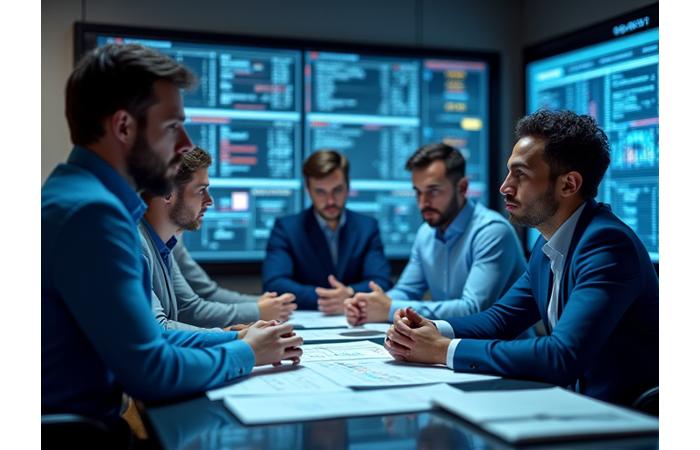 Professionisti che analizzano grafici finanziari complessi e documenti, in un ambiente moderno e pulito.