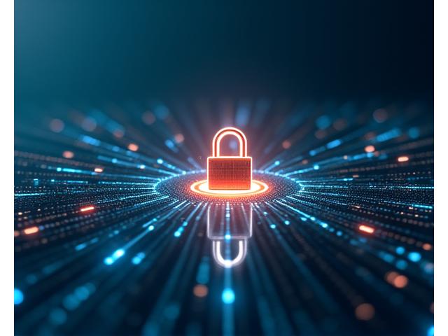 Icona di un lucchetto digitale sovrapposto a dati binari, che simboleggia la sicurezza delle informazioni e la riservatezza