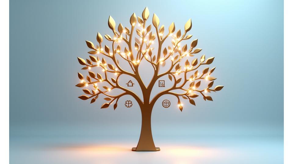 Albero genealogico stilizzato con icone che rappresentano il patrimonio, la governance e la continuità familiare.