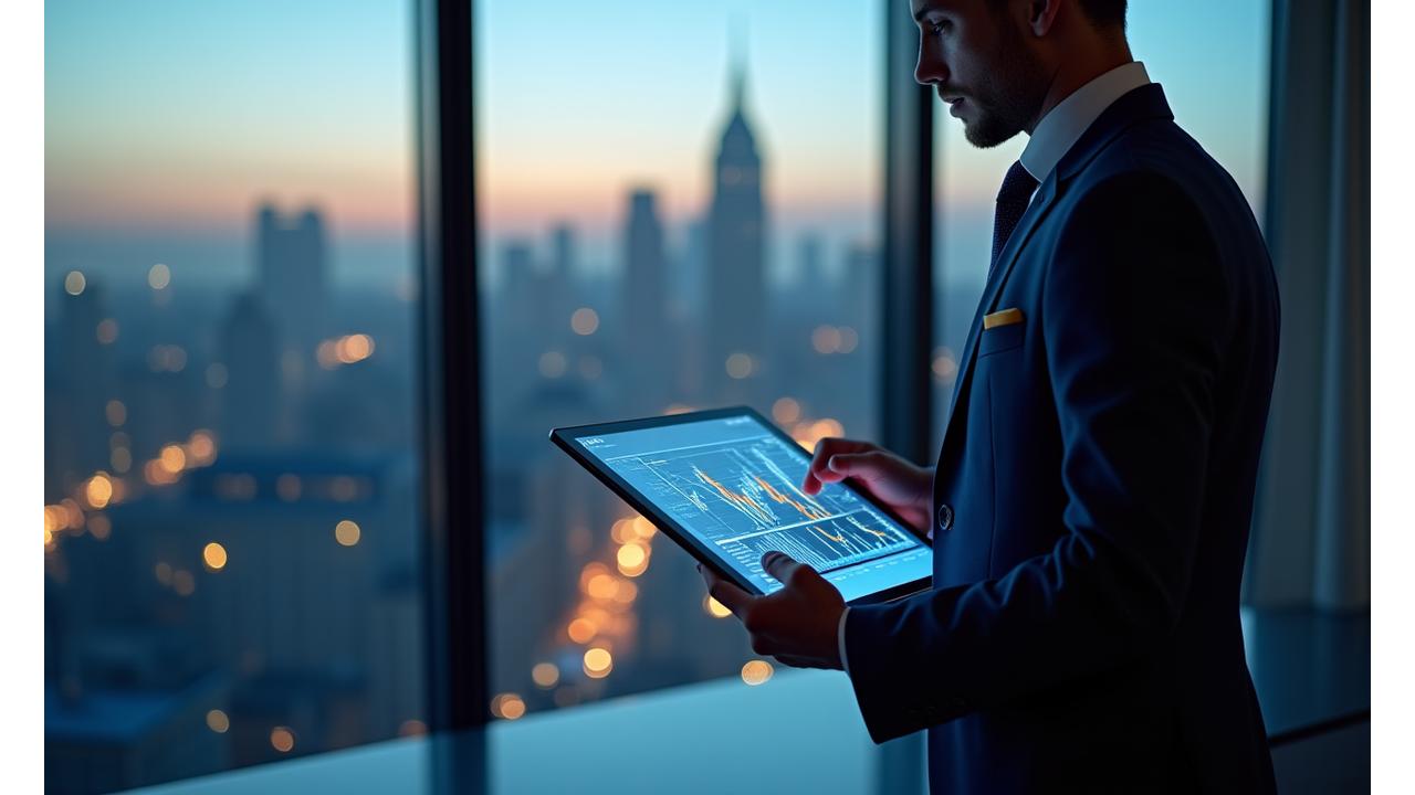 Professionista che osserva grafici finanziari su un tablet, simbolo di gestione patrimoniale strategica e discreta.